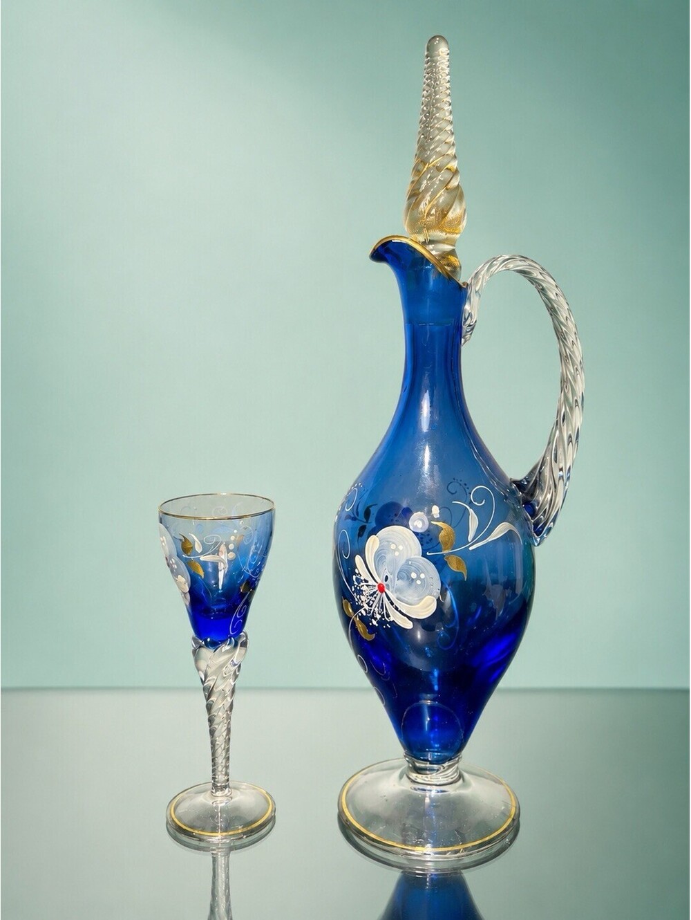Bohemian 1950s Art Glass Decanter Cordial Glass Cobalt Hand Painted Enamel